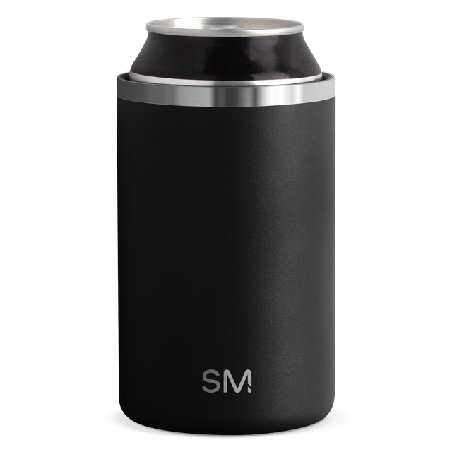 Matte black cylindrical brand can cooler displayed against white background Matte black cylindrical brand can cooler displayed against white background