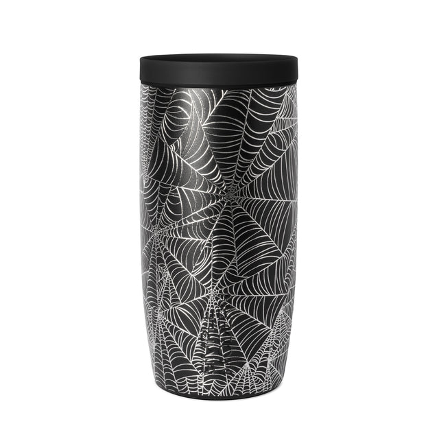 A black insulated travel tumbler with a black lid, featuring an all-over white spiderweb pattern, shown against a plain white background. A black insulated travel tumbler with a black lid, featuring an all-over white spiderweb pattern, shown against a plain white background.