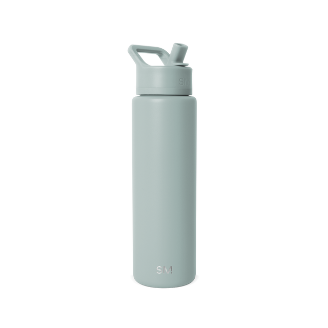 Sage green water bottle with matching cap and handle on a clean background Sage green water bottle with matching cap and handle on a clean background