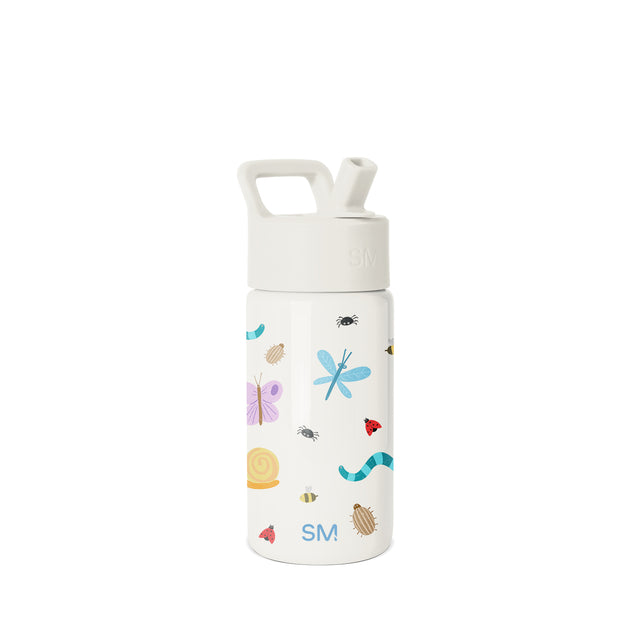 Simple Modern insulated water bottle with white lid and carrying handle, decorated with colorful illustrated insects and nature elements in turquoise, purple, yellow, and red on cream background. Simple Modern insulated water bottle with white lid and carrying handle, decorated with colorful illustrated insects and nature elements in turquoise, purple, yellow, and red on cream background.