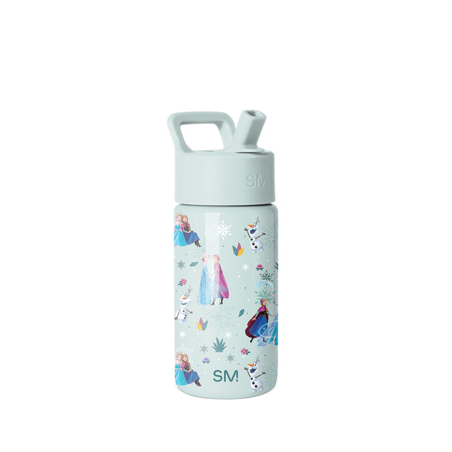 Seafoam green Simple Modern water bottle with flip-top straw lid featuring Disney Frozen characters Elsa, Anna, and Olaf with snowflakes and colorful accents on white background. Seafoam green Simple Modern water bottle with flip-top straw lid featuring Disney Frozen characters Elsa, Anna, and Olaf with snowflakes and colorful accents on white background.