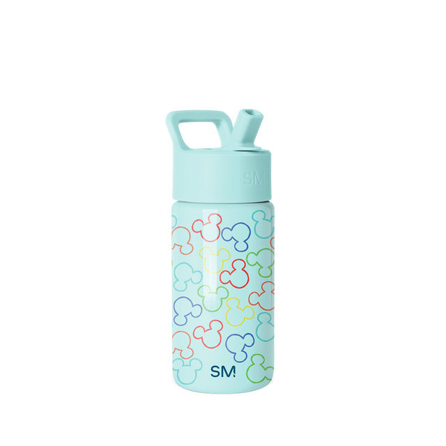 Simple Modern 14-ounce water bottle in seafoam turquoise with Mickey Mouse head silhouettes in pastel colors, featuring a twist-on cap with carry loop handle and removable straw. Simple Modern 14-ounce water bottle in seafoam turquoise with Mickey Mouse head silhouettes in pastel colors, featuring a twist-on cap with carry loop handle and removable straw.