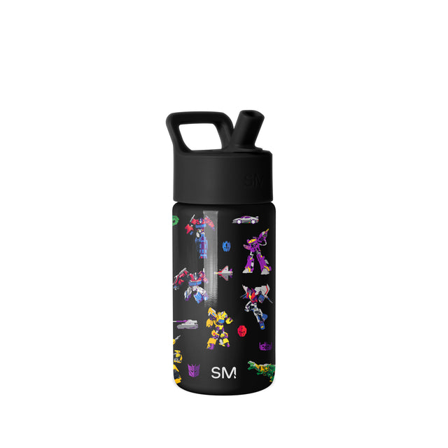 Jet black 16-ounce Simple Modern water bottle with wide mouth lid and carrying loop, featuring colorful all-over Transformers character prints including Optimus Prime, Bumblebee, and Starscream in vehicle and robot forms, Jet black 16-ounce Simple Modern water bottle with wide mouth lid and carrying loop, featuring colorful all-over Transformers character prints including Optimus Prime, Bumblebee, and Starscream in vehicle and robot forms,