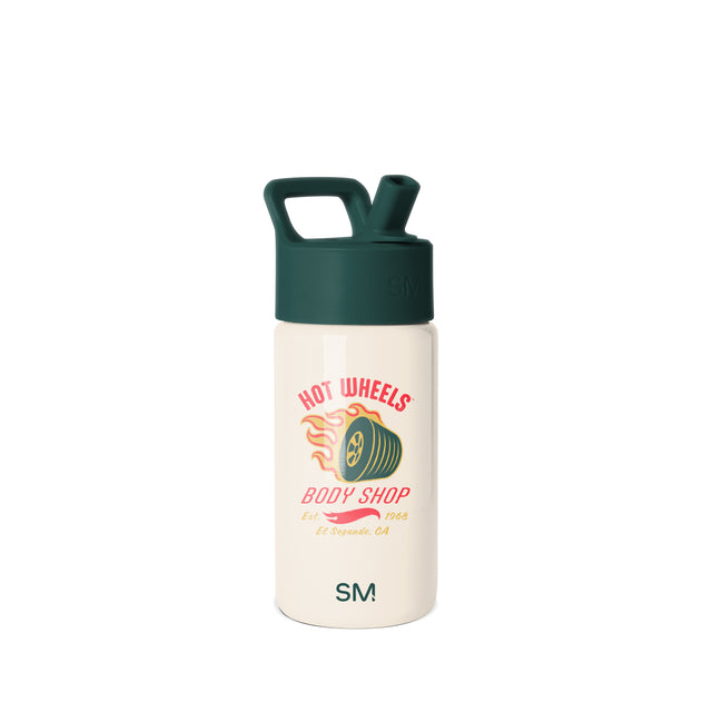 Cream colored Simple Modern water bottle with dark green cap and handle, featuring vintage hot rod wheel graphic with orange flames, Cream colored Simple Modern water bottle with dark green cap and handle, featuring vintage hot rod wheel graphic with orange flames,
