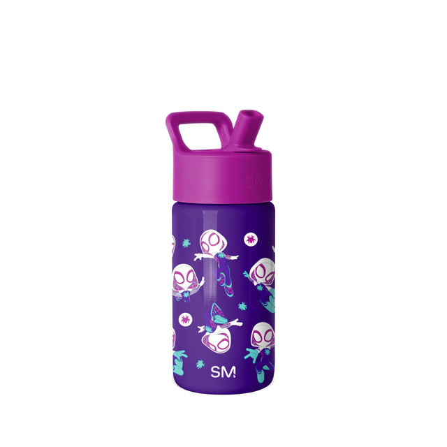 Deep purple kids water bottle with magenta cap and turquoise accents, featuring cartoon space characters and aliens. Square carry handle, Simple Modern logo. White background product photo. Deep purple kids water bottle with magenta cap and turquoise accents, featuring cartoon space characters and aliens. Square carry handle, Simple Modern logo. White background product photo.