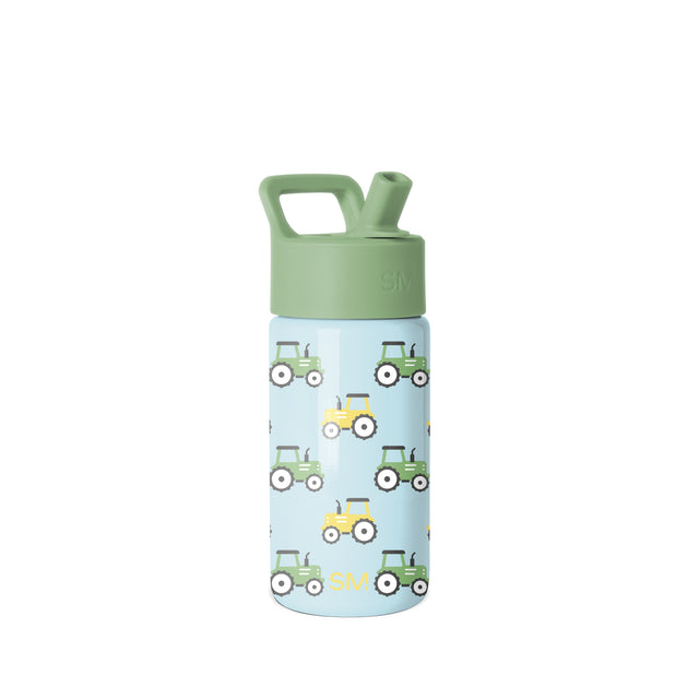 Light blue Simple Modern 14-ounce water bottle with sage green lid, handle, and spout. Tractor pattern in green and yellow across the bottle body. White background. Light blue Simple Modern 14-ounce water bottle with sage green lid, handle, and spout. Tractor pattern in green and yellow across the bottle body. White background.