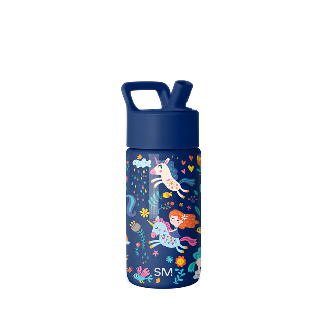 Navy blue Simple Modern kids water bottle with wide-mouth design, featuring colorful illustrated unicorns, a girl with orange hair, clouds, flowers, hearts, and stars in coral, pink, blue, yellow, and green. Navy blue Simple Modern kids water bottle with wide-mouth design, featuring colorful illustrated unicorns, a girl with orange hair, clouds, flowers, hearts, and stars in coral, pink, blue, yellow, and green.