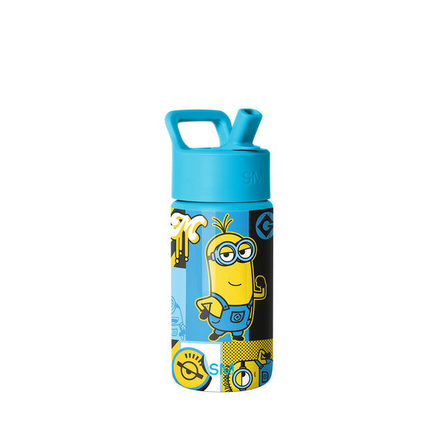 Simple Modern water bottle with turquoise flip-top lid and carry handle, featuring yellow Minions characters with goggled eyes and geometric patterns on bright blue and yellow body, isolated on white background. Simple Modern water bottle with turquoise flip-top lid and carry handle, featuring yellow Minions characters with goggled eyes and geometric patterns on bright blue and yellow body, isolated on white background.