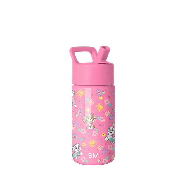 Hot pink children's water bottle with pop-top spout lid, decorated with cartoon puppies, colorful flowers, suns, hearts, and stars in yellow, turquoise, lavender, and white accents on white background. Hot pink children's water bottle with pop-top spout lid, decorated with cartoon puppies, colorful flowers, suns, hearts, and stars in yellow, turquoise, lavender, and white accents on white background.