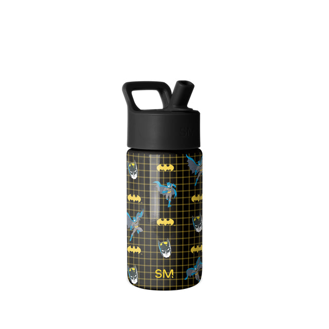 Black Simple Modern water bottle with Batman graphic design featuring yellow plaid pattern, Batman logos, and character illustrations. Includes pop-top flip-lock lid and carry handle. Black Simple Modern water bottle with Batman graphic design featuring yellow plaid pattern, Batman logos, and character illustrations. Includes pop-top flip-lock lid and carry handle.