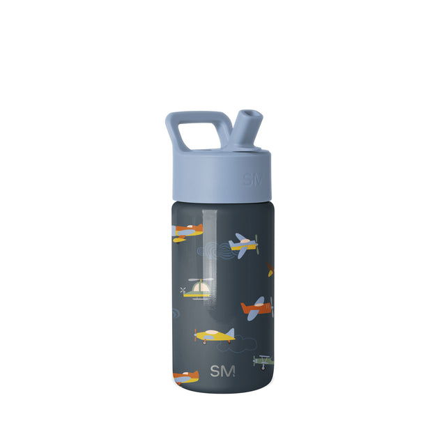 Simple Modern 14-ounce water bottle with dark gray body, periwinkle lid, integrated straw spout, carrying loop, and aviation-themed airplane pattern in yellow, orange, and white accents. Simple Modern 14-ounce water bottle with dark gray body, periwinkle lid, integrated straw spout, carrying loop, and aviation-themed airplane pattern in yellow, orange, and white accents.