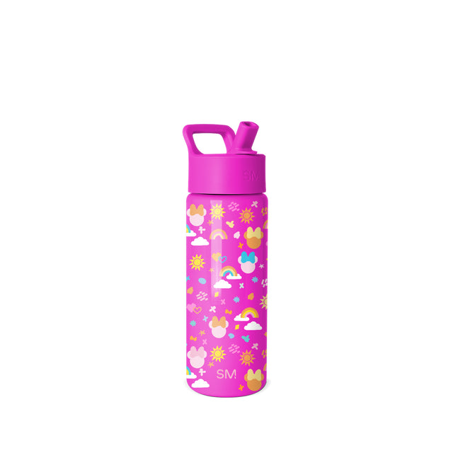 Bright pink Simple Modern water bottle with flip-top straw cap and carry handle, decorated with playful pattern of clouds, smiling faces, suns, rainbows, stars, and hearts in white, yellow, turquoise, and coral accents on Bright pink Simple Modern water bottle with flip-top straw cap and carry handle, decorated with playful pattern of clouds, smiling faces, suns, rainbows, stars, and hearts in white, yellow, turquoise, and coral accents on
