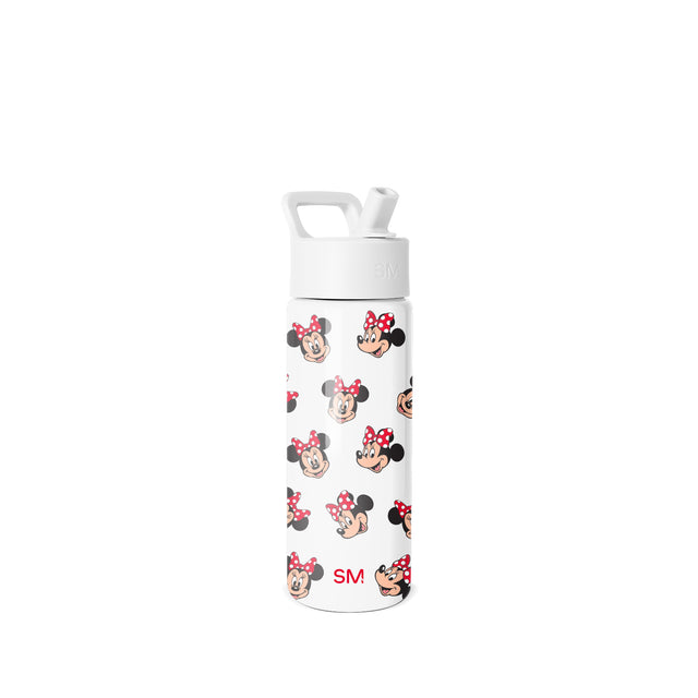 White 18oz Simple Modern water bottle with Minnie Mouse character pattern, red text branding, white pop-top lid with carry handle, isolated on neutral background. White 18oz Simple Modern water bottle with Minnie Mouse character pattern, red text branding, white pop-top lid with carry handle, isolated on neutral background.