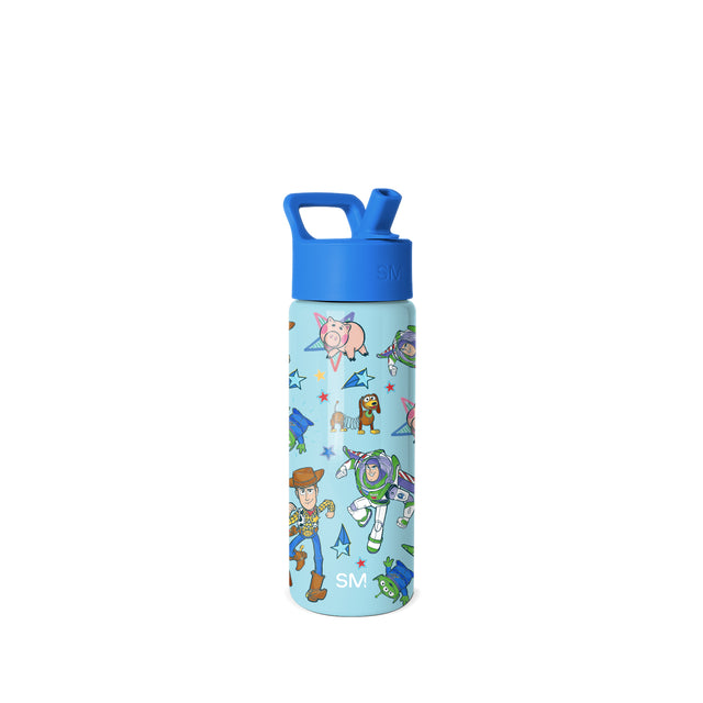 Light blue Simple Modern water bottle with Toy Story character print featuring Buzz Lightyear, Woody, Hamm, and Slinky Dog with stars, bright blue toggle-top lid with carry handle, white background. Light blue Simple Modern water bottle with Toy Story character print featuring Buzz Lightyear, Woody, Hamm, and Slinky Dog with stars, bright blue toggle-top lid with carry handle, white background.