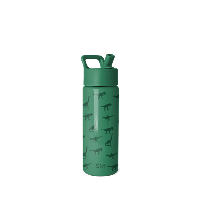 Forest green Simple Modern water bottle with flip-top cap and carrying handle, decorated with dinosaur silhouettes pattern, shown against white background. Forest green Simple Modern water bottle with flip-top cap and carrying handle, decorated with dinosaur silhouettes pattern, shown against white background.