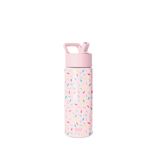 Simple Modern water bottle in soft pink with colorful sprinkle pattern, featuring integrated carry handle and flip-top cap against white background. Simple Modern water bottle in soft pink with colorful sprinkle pattern, featuring integrated carry handle and flip-top cap against white background.