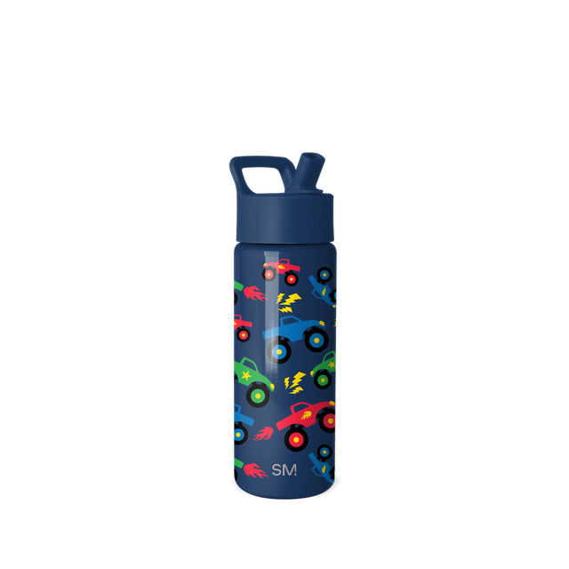 Navy blue water bottle with colorful vehicle and lightning bolt print. Features flip-top cap, carry handle, and wide mouth design. Simple Modern brand. Navy blue water bottle with colorful vehicle and lightning bolt print. Features flip-top cap, carry handle, and wide mouth design. Simple Modern brand.