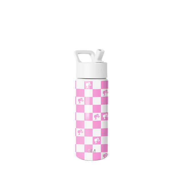 Hot pink and white checkerboard Simple Modern water bottle with Barbie logo pattern, white cap, and pull handle on neutral background. Hot pink and white checkerboard Simple Modern water bottle with Barbie logo pattern, white cap, and pull handle on neutral background.