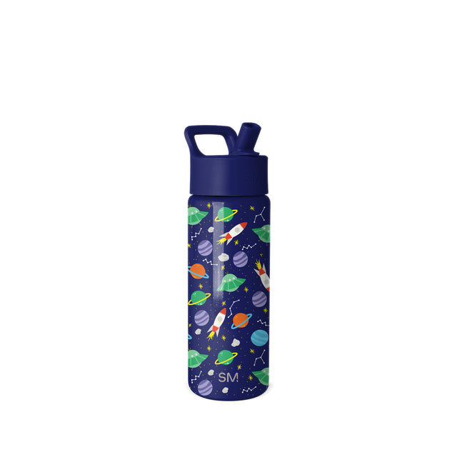 Navy blue water bottle with colorful space-themed graphics including planets, rockets, stars, and constellations. Features matching navy top with pull-tab handle and flip spout. Simple Modern branded product. Navy blue water bottle with colorful space-themed graphics including planets, rockets, stars, and constellations. Features matching navy top with pull-tab handle and flip spout. Simple Modern branded product.