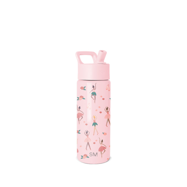 Soft pink Simple Modern water bottle with pop-top spout and carry loop, featuring colorful illustrated pattern of dancing figures and botanical elements on white background. Soft pink Simple Modern water bottle with pop-top spout and carry loop, featuring colorful illustrated pattern of dancing figures and botanical elements on white background.