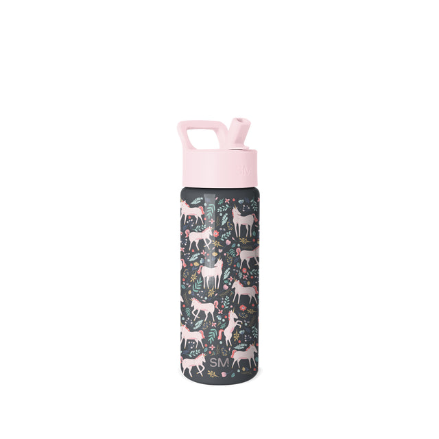 Simple Modern insulated water bottle with pale pink lid and handle, dark base, and cream-colored deer with coral, sage green, and mustard yellow floral pattern throughout. Simple Modern insulated water bottle with pale pink lid and handle, dark base, and cream-colored deer with coral, sage green, and mustard yellow floral pattern throughout.