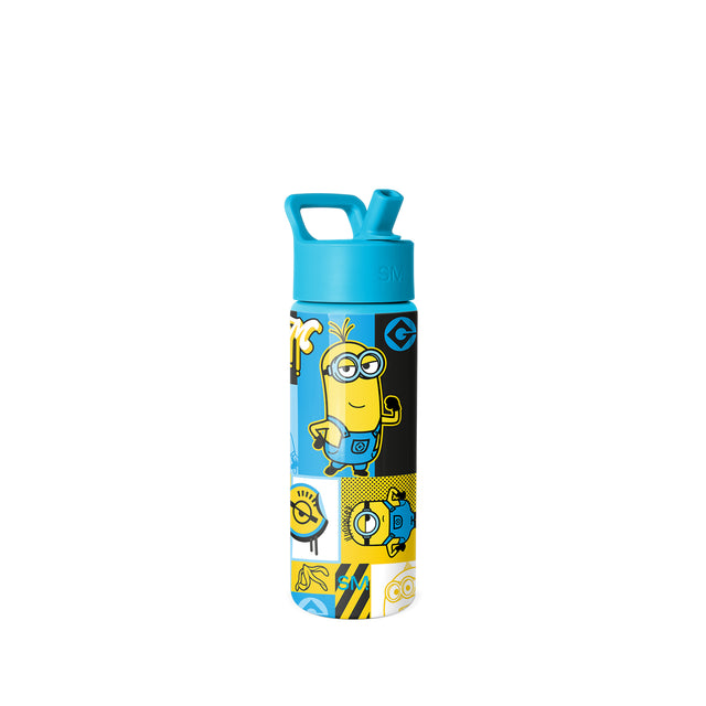 Turquoise Simple Modern water bottle with Minions characters, yellow accents, black panels, integrated straw cap and carry handle on white background. Turquoise Simple Modern water bottle with Minions characters, yellow accents, black panels, integrated straw cap and carry handle on white background.