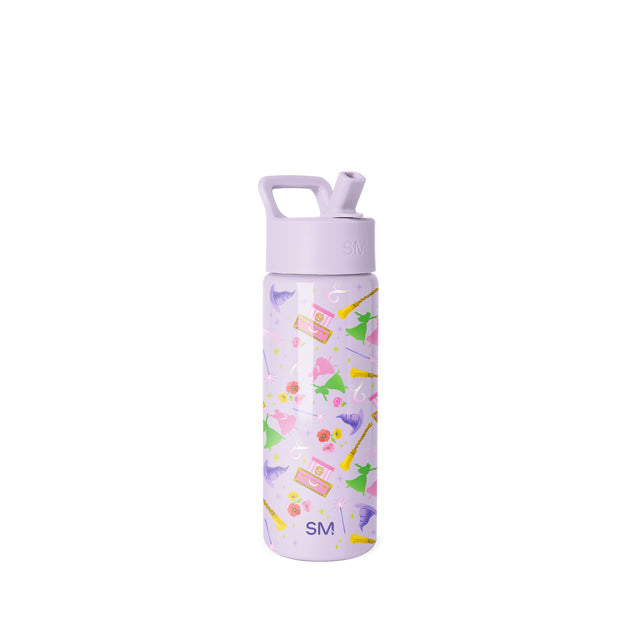 Pale lavender Simple Modern insulated water bottle with hot pink, yellow, green, and purple accents, screw-on cap with carry handle, and all-over cheerful pattern. Isolated on white background. Pale lavender Simple Modern insulated water bottle with hot pink, yellow, green, and purple accents, screw-on cap with carry handle, and all-over cheerful pattern. Isolated on white background.