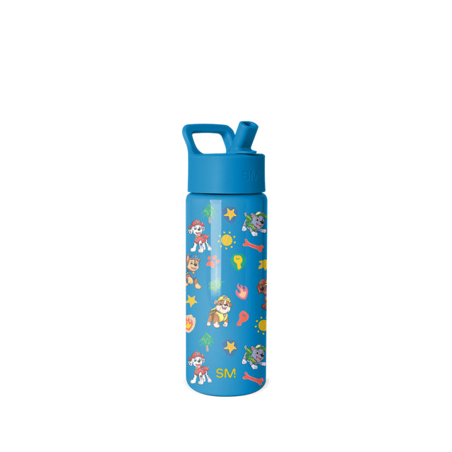 Blue Paw Patrol water bottle with snap-on flip cap and carry handle. Features cartoon puppy characters, stars, suns, bones, palm trees, and fire hydrants in yellow, red, pink, and green on medium blue background. Simple Blue Paw Patrol water bottle with snap-on flip cap and carry handle. Features cartoon puppy characters, stars, suns, bones, palm trees, and fire hydrants in yellow, red, pink, and green on medium blue background. Simple