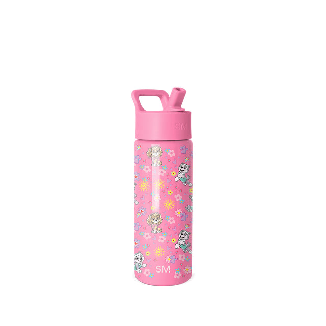 Pink Simple Modern water bottle with flip-top lid and straw, featuring cartoon puppies, paw prints, smiley suns, and flowers in purple, teal, yellow, and pink on coral background. Pink Simple Modern water bottle with flip-top lid and straw, featuring cartoon puppies, paw prints, smiley suns, and flowers in purple, teal, yellow, and pink on coral background.
