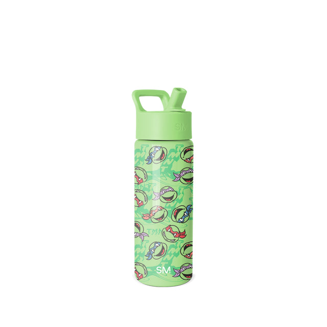 Lime green Simple Modern water bottle with flip-top spout and carry handle, featuring all-over cartoon ninja turtle characters in red, blue, purple, and pink on white background. Lime green Simple Modern water bottle with flip-top spout and carry handle, featuring all-over cartoon ninja turtle characters in red, blue, purple, and pink on white background.