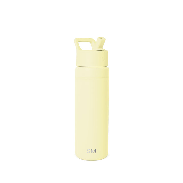 Pale butter-yellow insulated water bottle with matching lid and angular ergonomic handle, SM logo at base, matte finish on white background. Pale butter-yellow insulated water bottle with matching lid and angular ergonomic handle, SM logo at base, matte finish on white background.