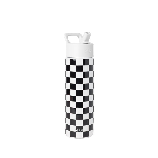 Black and white checkerboard water bottle with white cap, gray band, and handle. SM logo visible on cap and lower body. Studio product photo on light gray background. Black and white checkerboard water bottle with white cap, gray band, and handle. SM logo visible on cap and lower body. Studio product photo on light gray background.