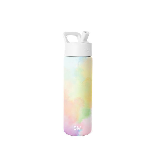 Tall cylindrical water bottle with white screw-on cap and pop-up straw, featuring a soft pastel gradient from pale blue to lavender purple. White carry handle and Simple Modern logo visible. Studio product shot on white Tall cylindrical water bottle with white screw-on cap and pop-up straw, featuring a soft pastel gradient from pale blue to lavender purple. White carry handle and Simple Modern logo visible. Studio product shot on white