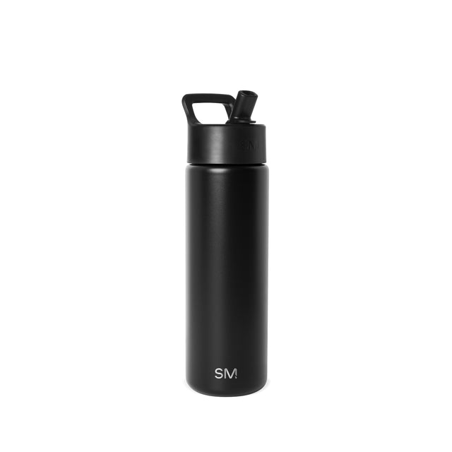 Black Simple Modern insulated water bottle with screw-on lid and flip-top spout on white background. Stainless steel cylindrical design with integrated carry handle and SM logo. Black Simple Modern insulated water bottle with screw-on lid and flip-top spout on white background. Stainless steel cylindrical design with integrated carry handle and SM logo.
