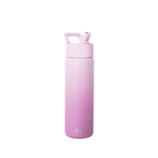 Gradient pink insulated water bottle with handle and spout, 22 oz capacity, featuring SM logo, isolated on white background for e-commerce product display. Gradient pink insulated water bottle with handle and spout, 22 oz capacity, featuring SM logo, isolated on white background for e-commerce product display.