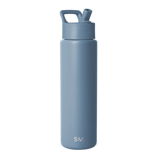 Blue-gray insulated water bottle with sports cap and carry handle loop, shown against white background. Simple Modern logo visible on cap and bottle body. Blue-gray insulated water bottle with sports cap and carry handle loop, shown against white background. Simple Modern logo visible on cap and bottle body.