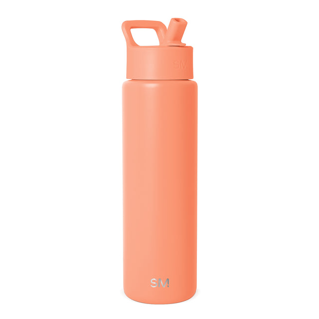 Coral pink stainless steel water bottle with curved carry handle, flip-top spout cap, and SM logo on lower body, shown against white background. Coral pink stainless steel water bottle with curved carry handle, flip-top spout cap, and SM logo on lower body, shown against white background.