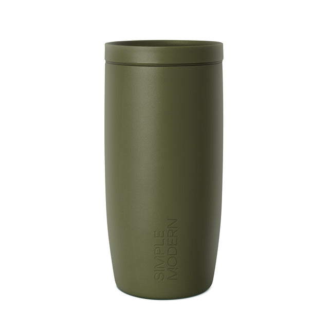 Sage green insulated tumbler with fitted lid and tapered cylindrical design against white background. Simple Modern branding embossed on lower body. Premium matte finish with clean lines. Sage green insulated tumbler with fitted lid and tapered cylindrical design against white background. Simple Modern branding embossed on lower body. Premium matte finish with clean lines.