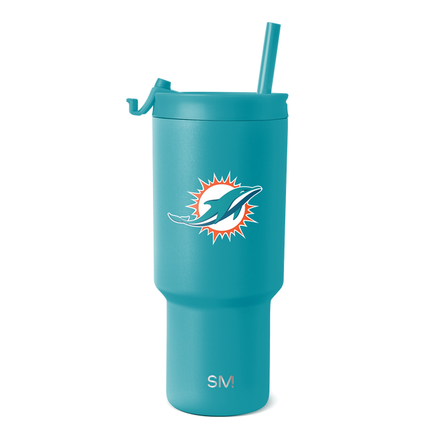 Teal blue tumbler with white and orange logo design accents Teal blue tumbler with white and orange logo design accents