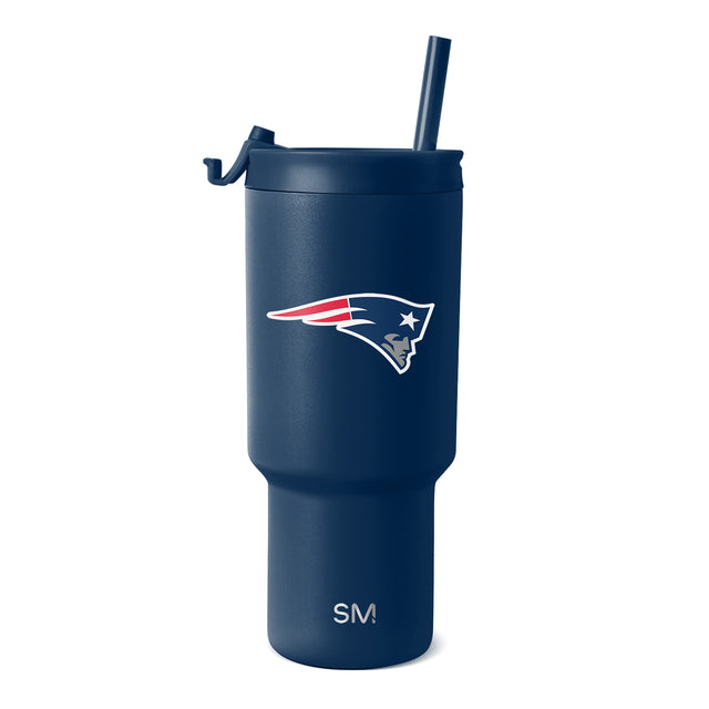 Deep navy blue tumbler with New England Patriots logo featuring red, white, and gray accents, and SM branding visible on the side. Deep navy blue tumbler with New England Patriots logo featuring red, white, and gray accents, and SM branding visible on the side.