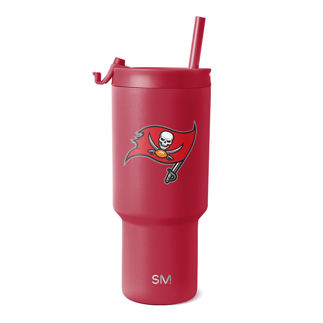 Crimson red tumbler with matching red lid, handle, and straw. White team logo and SM branding visible on front. Crimson red tumbler with matching red lid, handle, and straw. White team logo and SM branding visible on front.