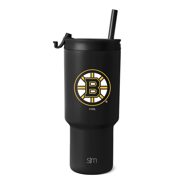 Matte black tumbler with gold and white team logo on white background Matte black tumbler with gold and white team logo on white background