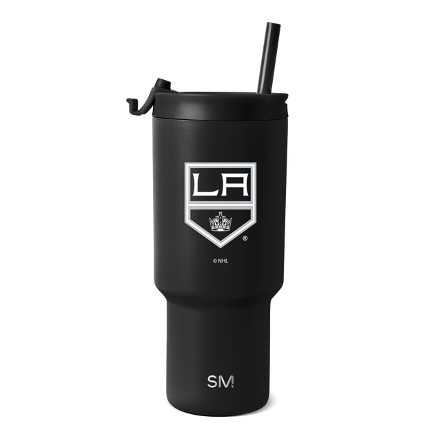 Black matte tumbler with white logo and text branding on white background Black matte tumbler with white logo and text branding on white background