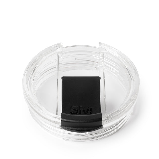 Clear plastic hinged food container with translucent gray sides, white base, and black lid insert Clear plastic hinged food container with translucent gray sides, white base, and black lid insert