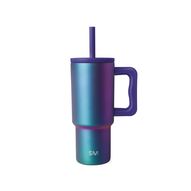 Stainless steel tumbler with handle and reusable straw, iridescent color-shift finish transitioning from turquoise to purple and blue. Stainless steel tumbler with handle and reusable straw, iridescent color-shift finish transitioning from turquoise to purple and blue.
