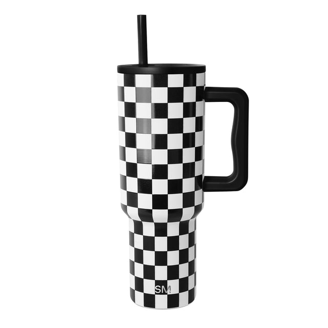 Black and white checkered 40 oz travel tumbler with black lid, handle, and straw on white background. Simple Modern logo visible on front. Black and white checkered 40 oz travel tumbler with black lid, handle, and straw on white background. Simple Modern logo visible on front.