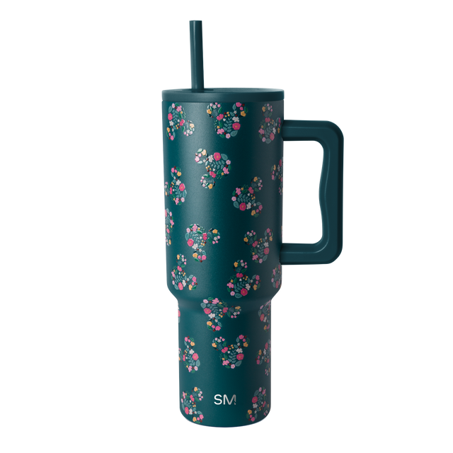 Deep teal drinkware with vibrant floral pattern in hot pink, coral, magenta, white, cream, and yellow accents. Deep teal drinkware with vibrant floral pattern in hot pink, coral, magenta, white, cream, and yellow accents.