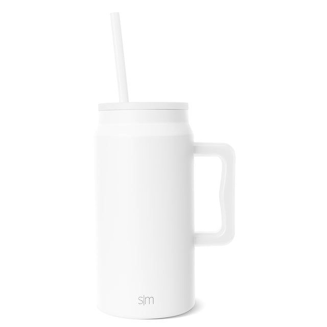 White tumbler with handle, front view on neutral background White tumbler with handle, front view on neutral background