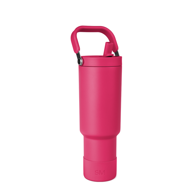 Vibrant hot pink water bottle with burgundy handle and trim accents, TRPV-SCH-40 model in bright magenta finish Vibrant hot pink water bottle with burgundy handle and trim accents, TRPV-SCH-40 model in bright magenta finish
