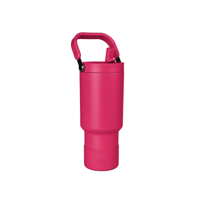 Bright hot pink water bottle with a secure screw-on cap and comfortable grip handle, displayed against a white background. Bright hot pink water bottle with a secure screw-on cap and comfortable grip handle, displayed against a white background.